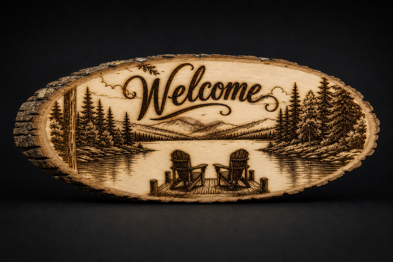 Live edge wood Welcome sign with a lake, dock, and two Adirondack chairs engraved scene