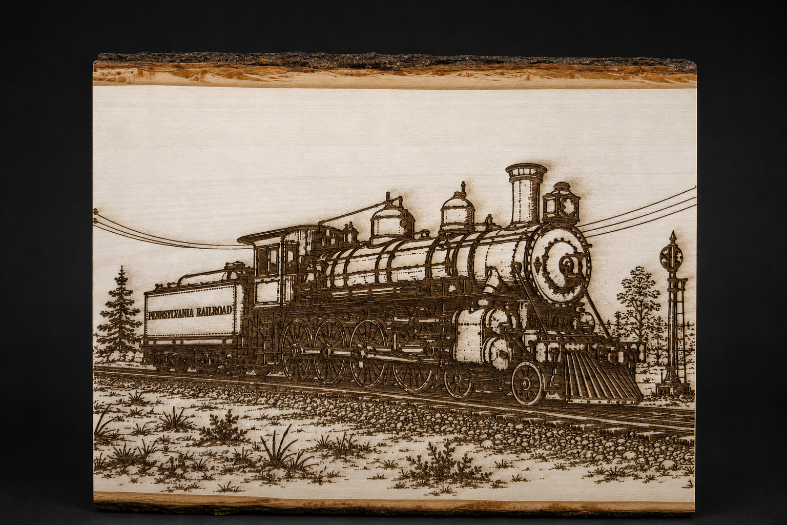 Live edge wood wall art engraved with a Pennsylvania Railroad steam locomotive