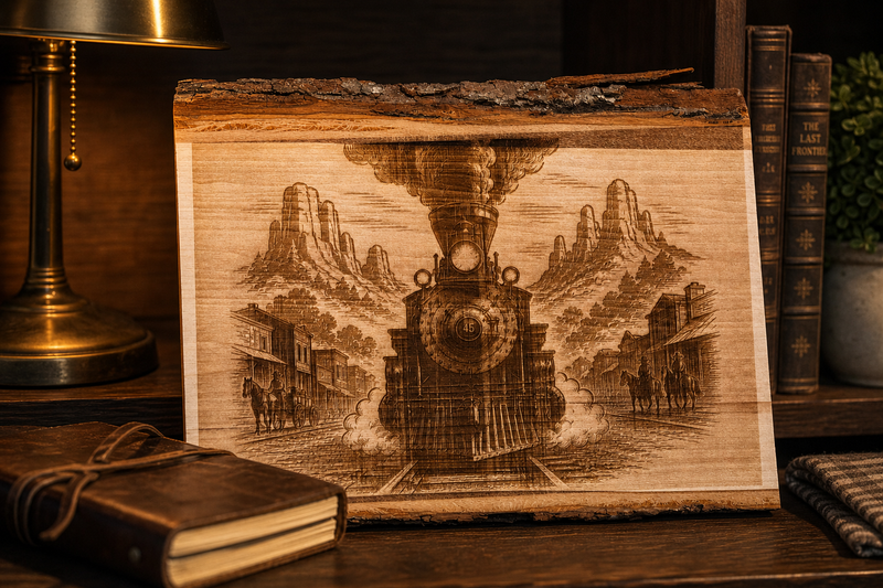 Laser Engraved Wild West Steam Locomotive Live Edge Wood Wall Ar