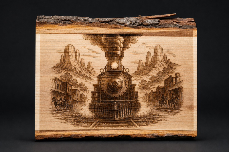 Laser Engraved Wild West Steam Locomotive Live Edge Wood Wall Ar