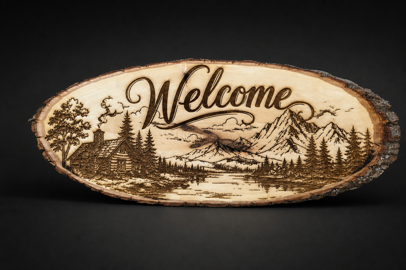 Engraved Welcome Sign Live Edge Wood Slab