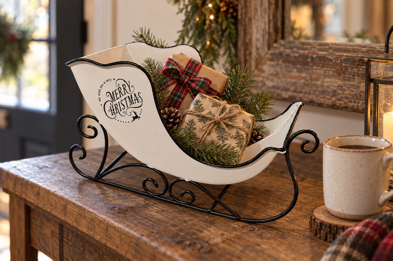 Merry Christmas Enamel Sleigh in use