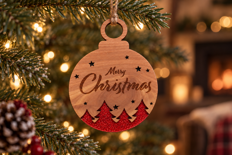 Merry Christmas Pines Ornament in use