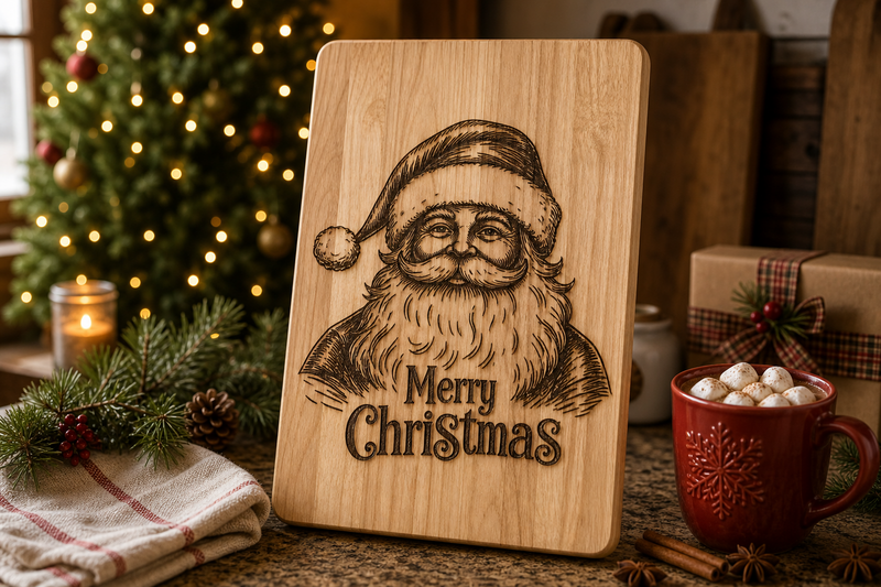 Merry Christmas Santa engraved cutting board styled with holiday decor