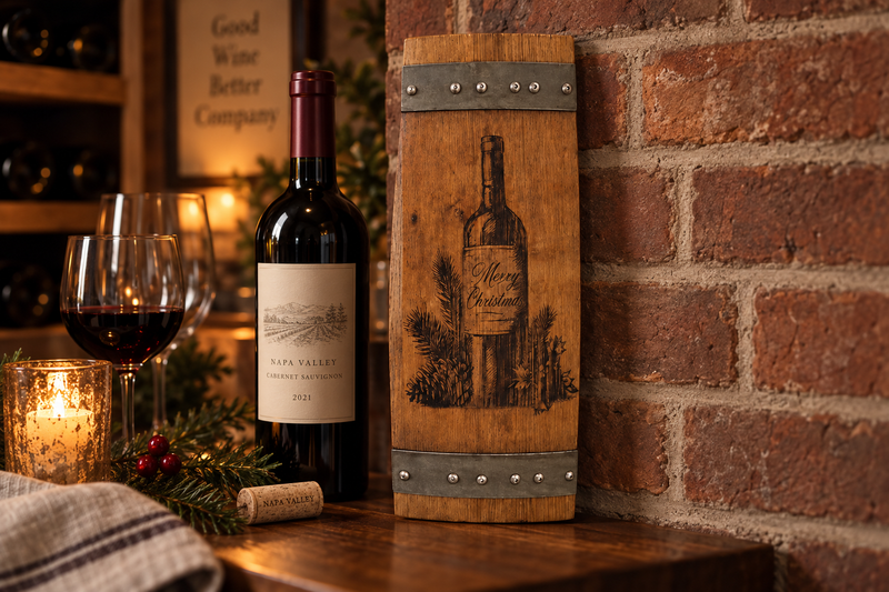 Merry Christmas Wine Barrel Stave in use