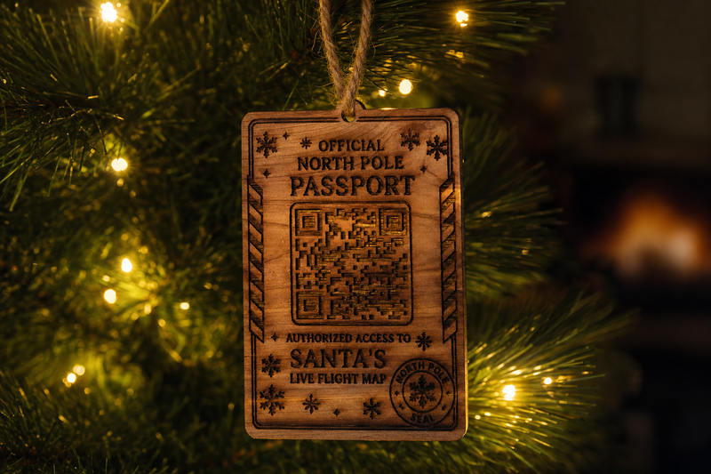 North Pole Passport Ornament in use