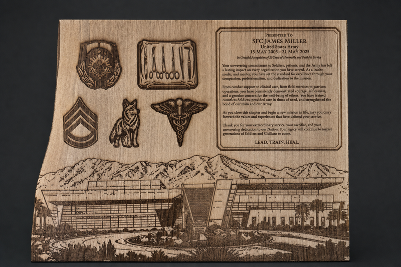 Custom laser-engraved military retirement plaque with rank insignia, badges, and base landscape