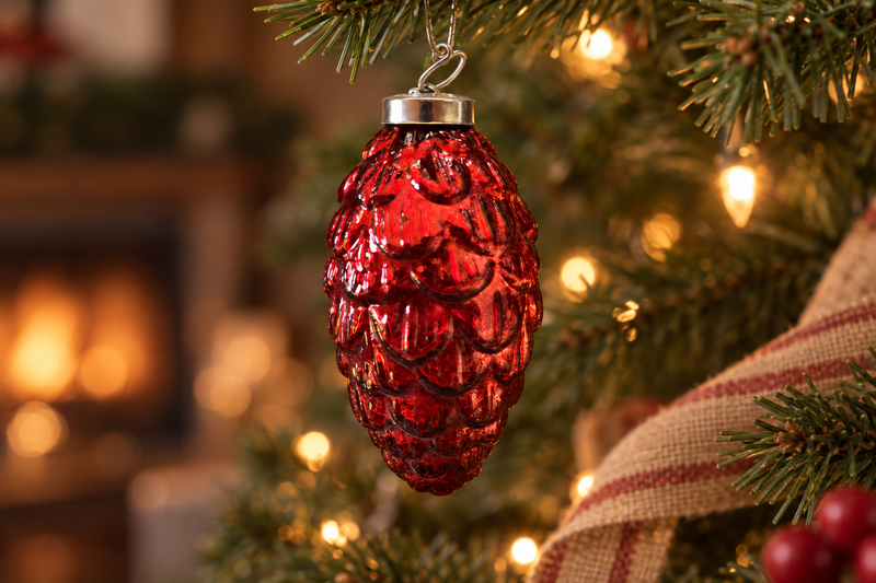 Red Glass Pinecone Ornament in use