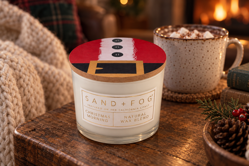 Sand + Fog Holiday Candle in use