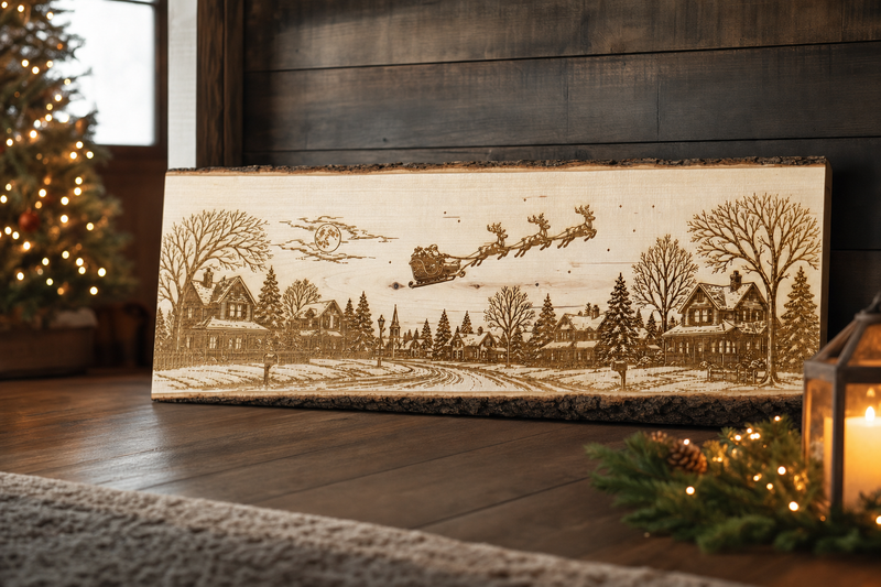 Large live edge Christmas sign leaning against a wall in a cozy holiday living room with a lit tree and lantern