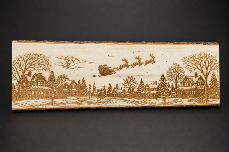 Night Before Christmas live edge wood sign — laser-engraved scene of Santa's sleigh and reindeer flying over a snowy village under a full moon