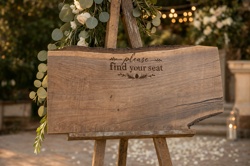 Find your seat wedding sign on an easel with greenery at an outdoor reception