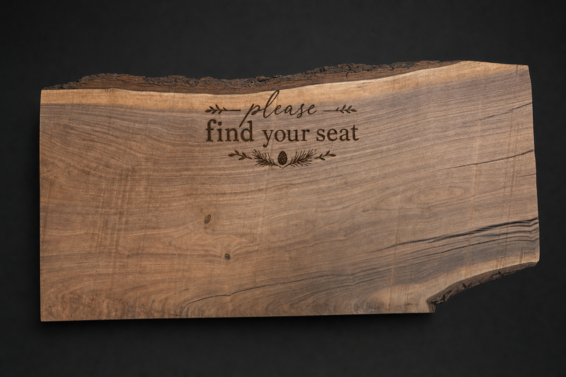 Live-edge walnut please find your seat wedding sign, laser engraved