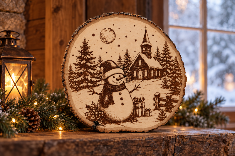 Snowman & Church Wood Slice in use