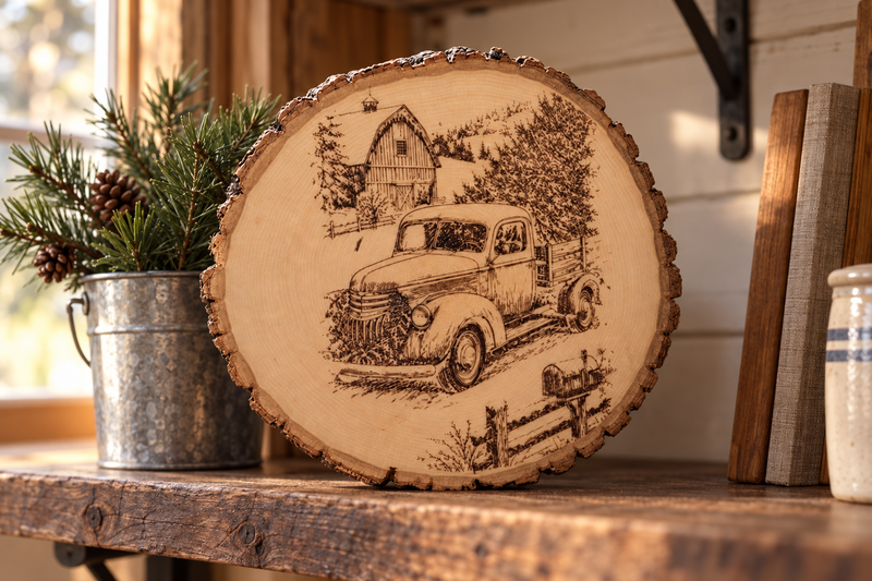 Vintage Farm Truck Wood Slice in use