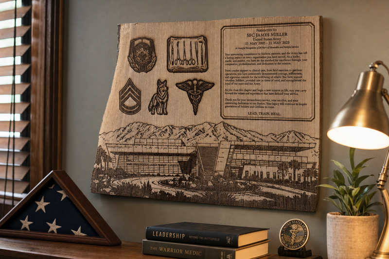 Custom military retirement plaque hung on a study wall above a folded American flag