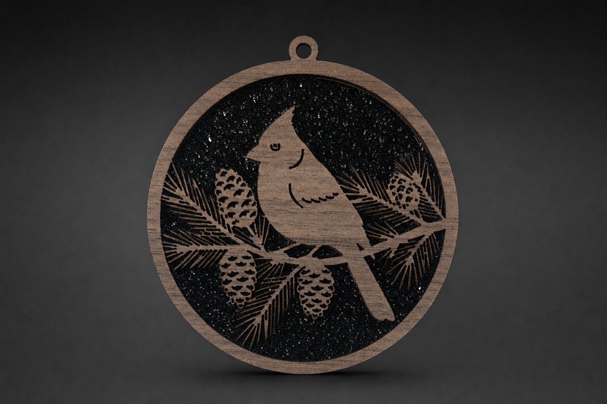 Walnut Scene Ornament — Cardinal on pine