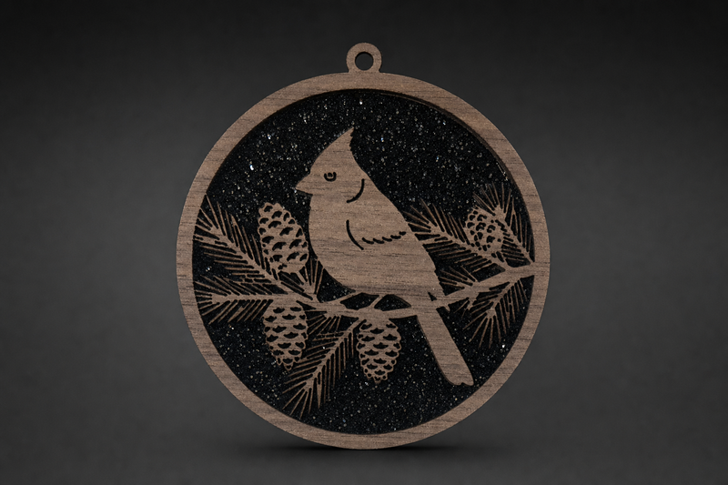 Walnut Scene Ornament — Cardinal on pine