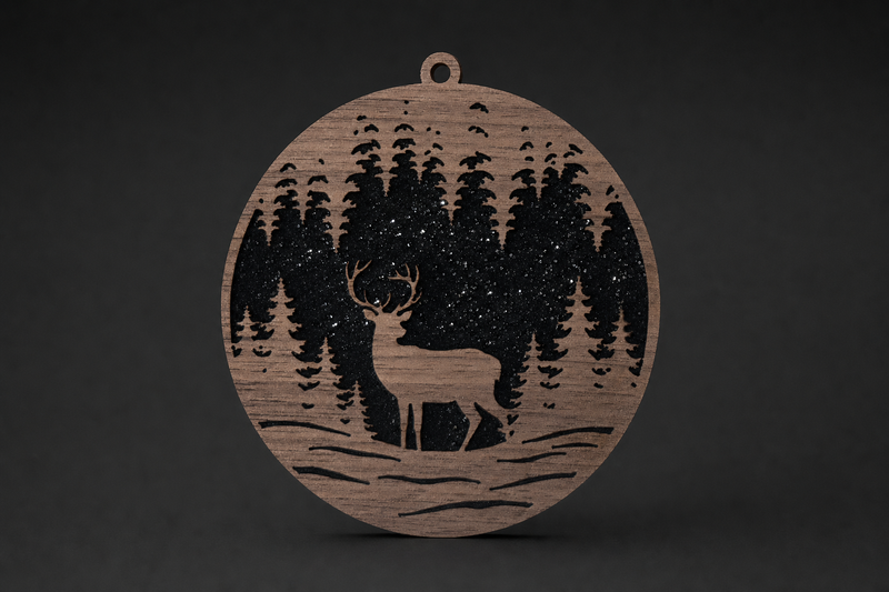 Walnut Scene Ornament — Buck at the treeline