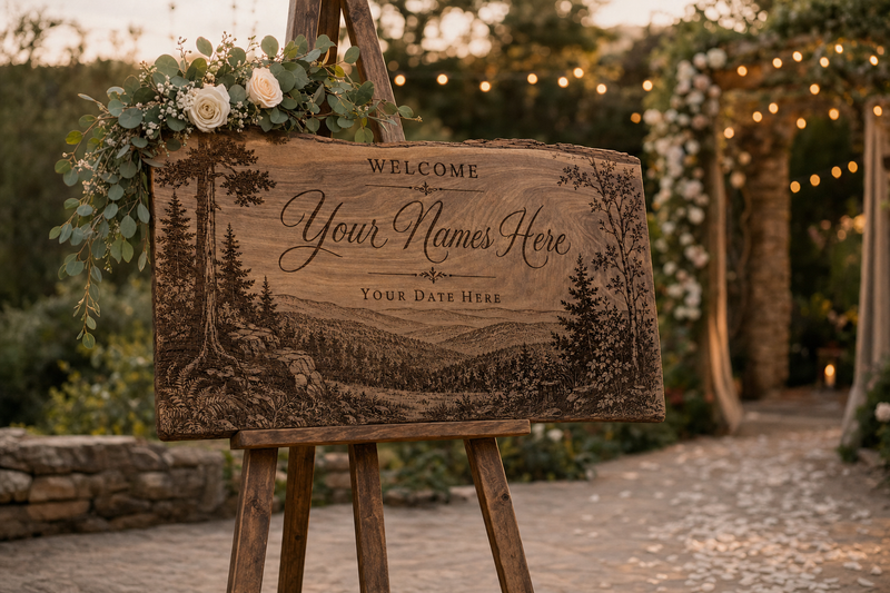 Wedding welcome sign on an easel with floral swag at a golden-hour outdoor wedding
