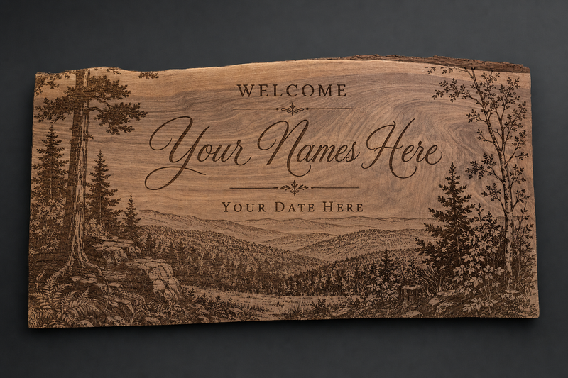 Live-edge walnut wedding welcome sign with engraved mountain landscape and custom names