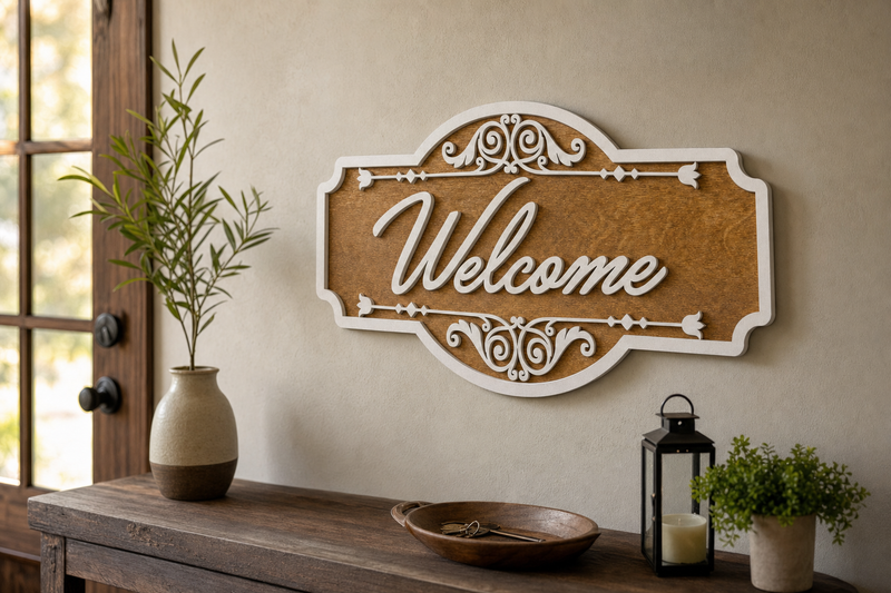 Layered Welcome sign hung in a warm home entryway above a console table