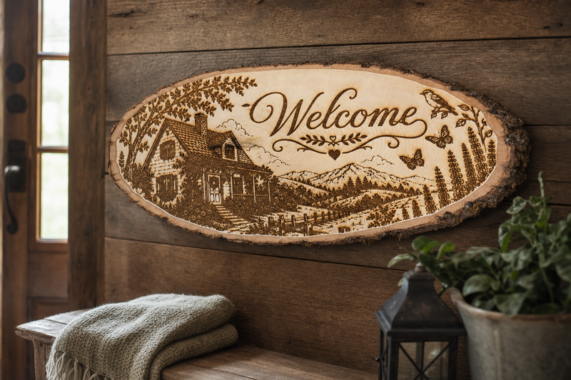 Welcome cabin live edge wall art hung in a rustic cabin entryway