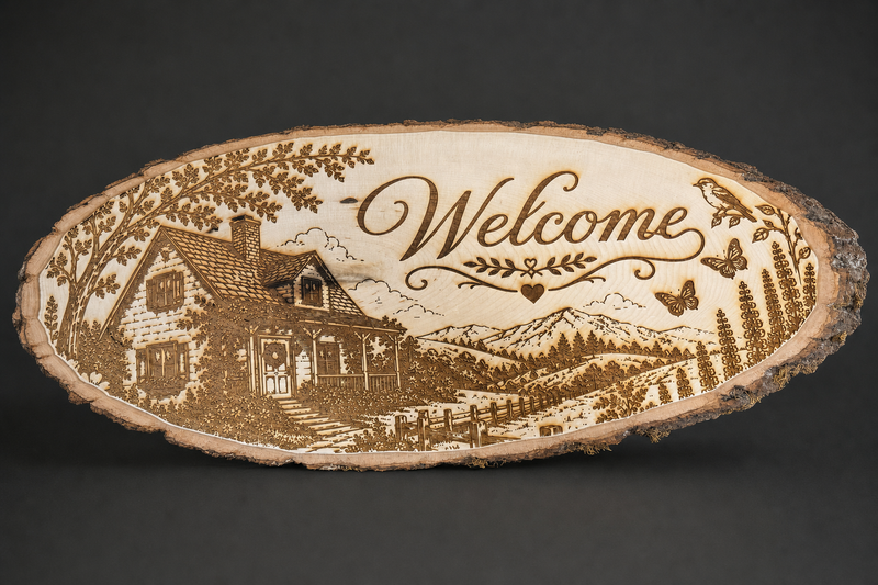 Welcome cabin live edge wood wall art, laser engraved mountain scene