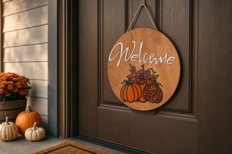 Welcome Pumpkins Door Sign in use