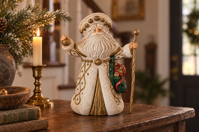 White & Gold Santa Figurine in use