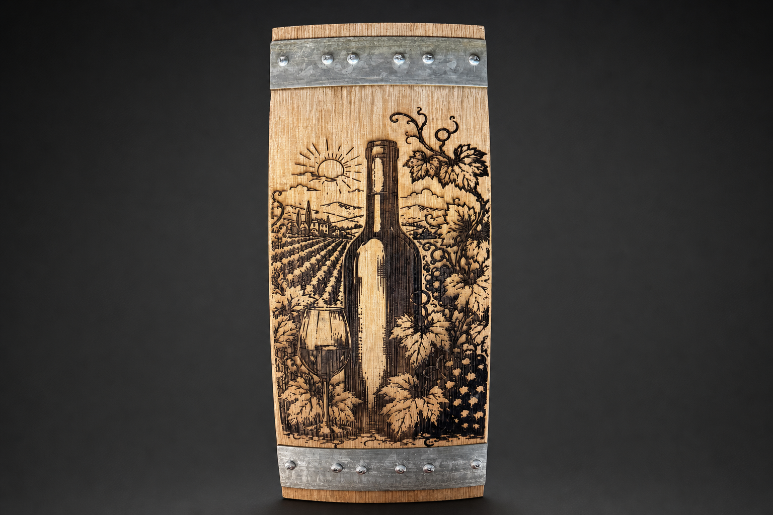 Vineyard wine barrel stave wall art, laser engraved wine bottle, glass, and vineyard on reclaimed oak